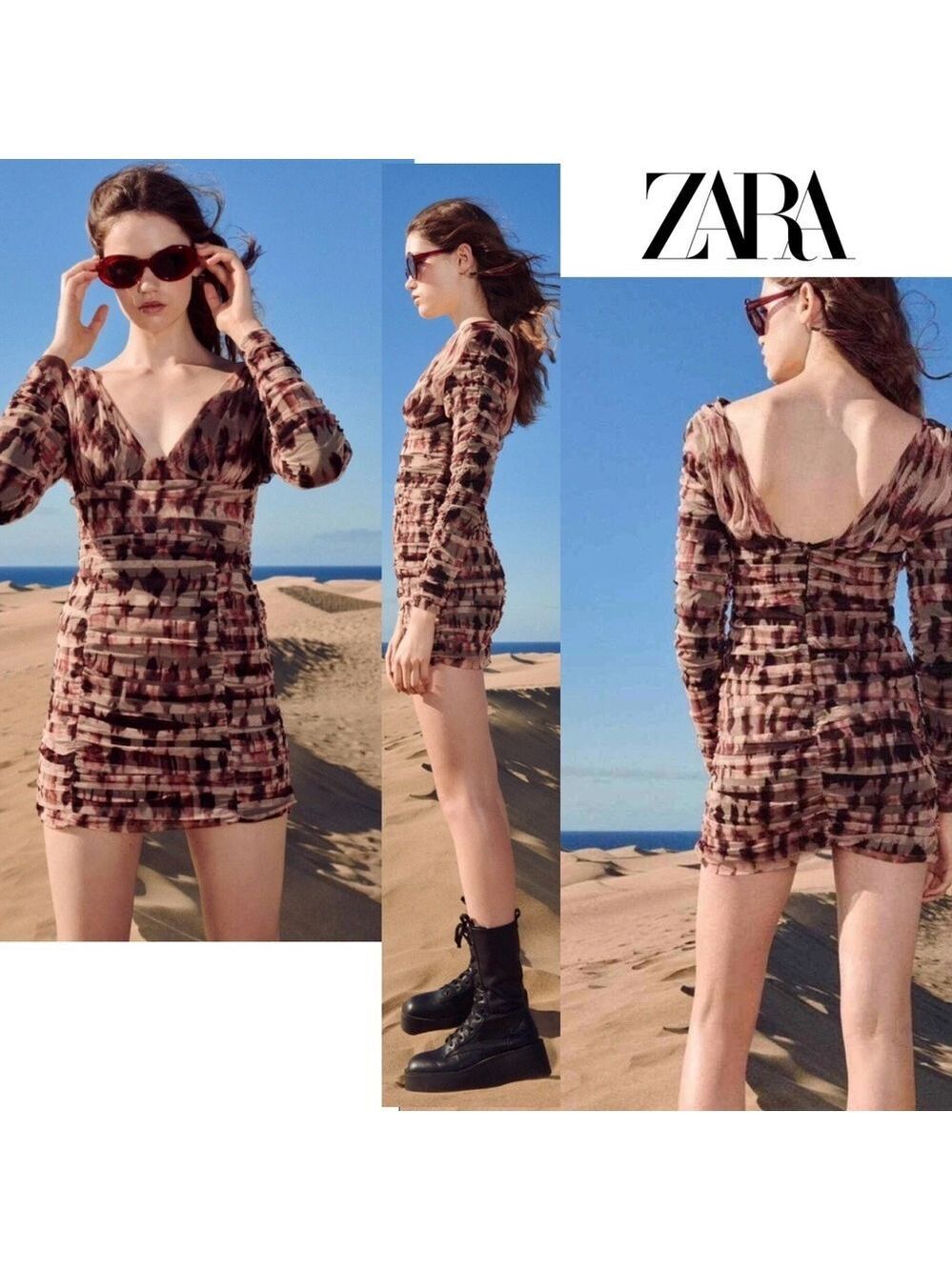 Zara pink brown tulle draped long sleeve V-neck mini dress tie-dye abstract Sz S
